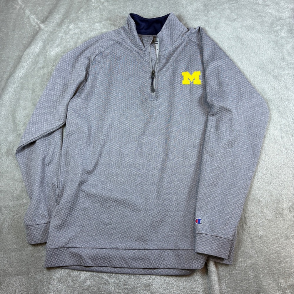 Champion Sweater Men XL Michigan Wolverines Quilted 1/4 Zip Pullover Grey